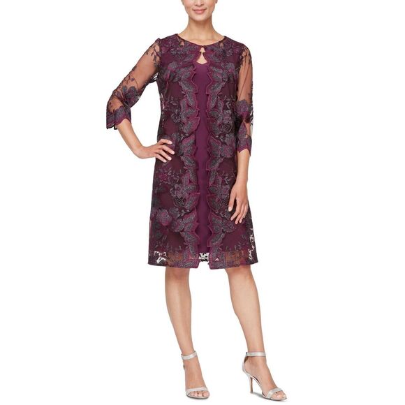 Alex Evenings Women Sz 14 Plum Purple Embroidered Sheer Overlay Midi Dress - Picture 9 of 10